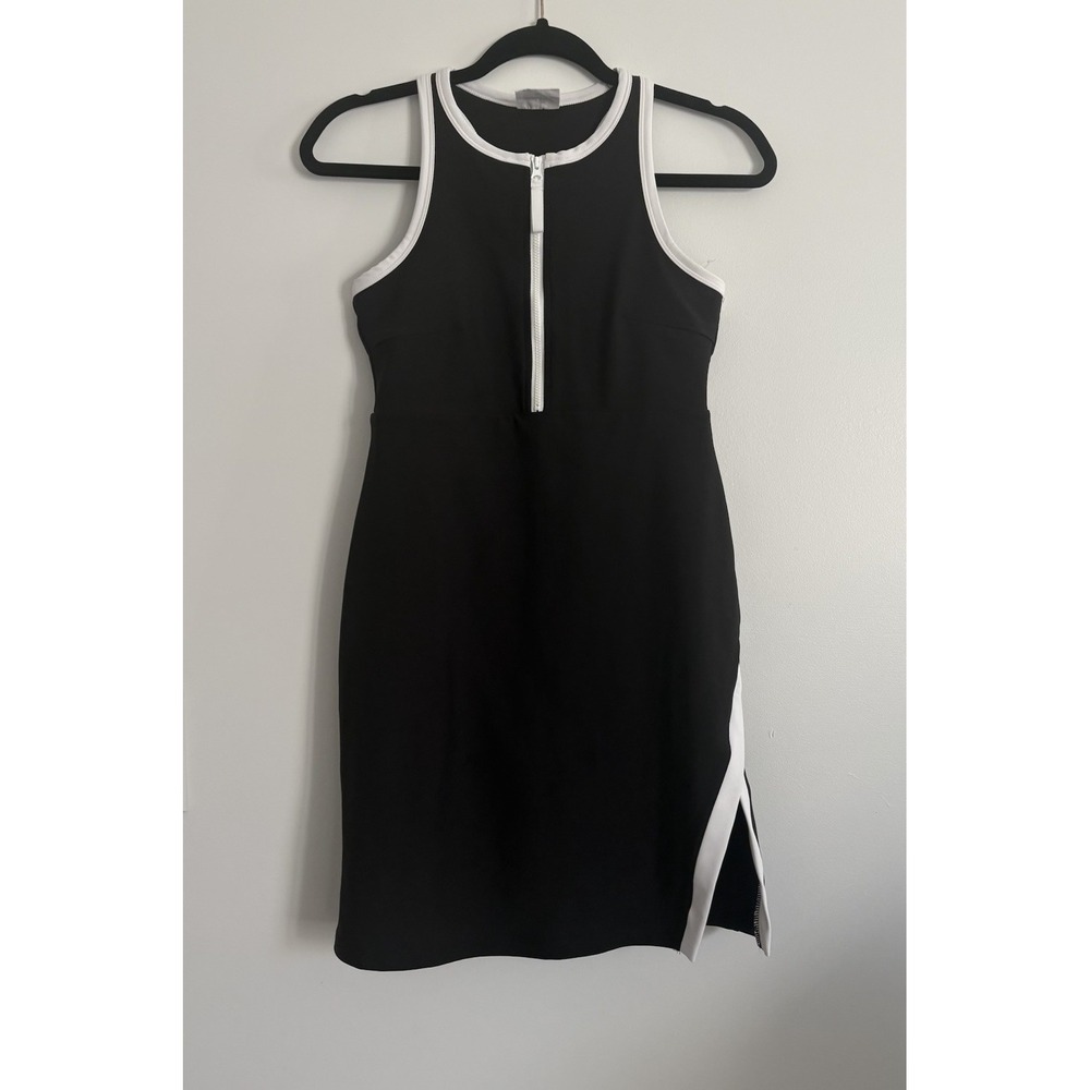 SAGE Women's black white zip built-in shorts active high neck split hem dress S